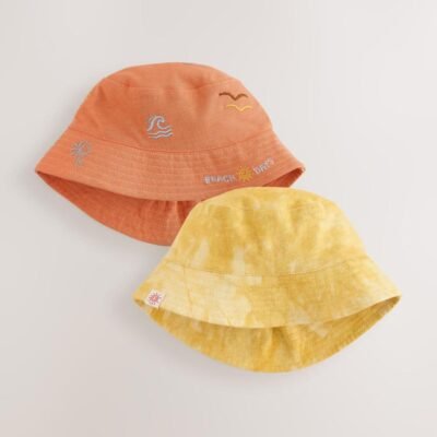 Orange Embroidered and Yellow Tie Dye Baby Bucket Hats 2 Pack