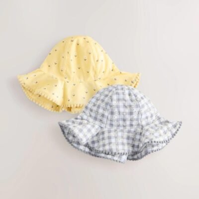 Yellow Floral Broderie and Grey Gingham Baby Bucket Hats 2 Pack