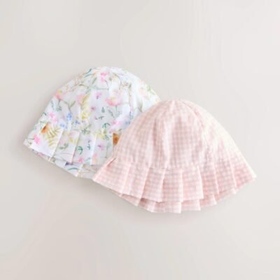 Pink Floral and Gingham Baby Woven Bucket Hats 2 Pack