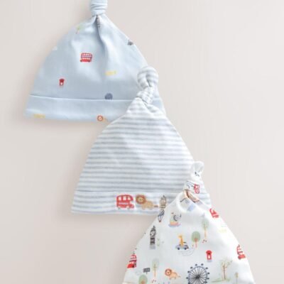 Blue London Tie Top Baby Hats 3 Pack