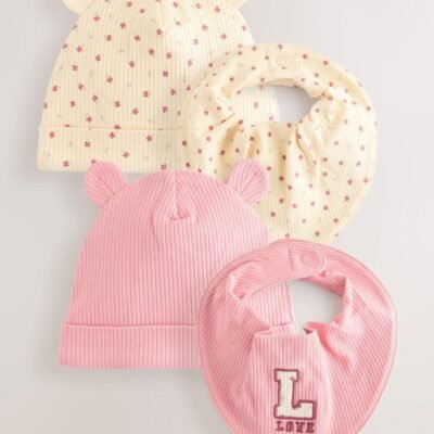 Pink 4 Piece Baby Beanies And Dibble Bibs Set