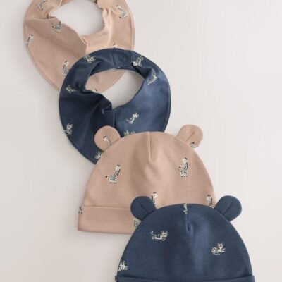 Multi Baby Beanie and Bibs 4 Piece Set