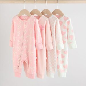 Pink Print Two Way Zip Baby Sleepsuits 4 Pack