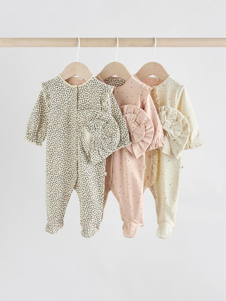 Pink 3 Pack Baby Sleepsuits with Matching Turbans