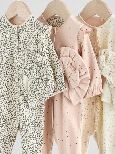 Pink 3 Pack Baby Sleepsuits with Matching Turbans