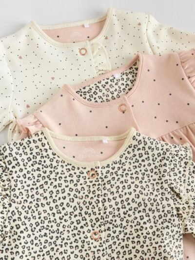 Pink 3 Pack Baby Sleepsuits with Matching Turbans