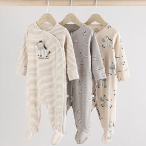 Grey 3 Pack Zebra 100% Cotton Baby Sleepsuits