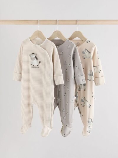 Grey 3 Pack Zebra 100% Cotton Baby Sleepsuits