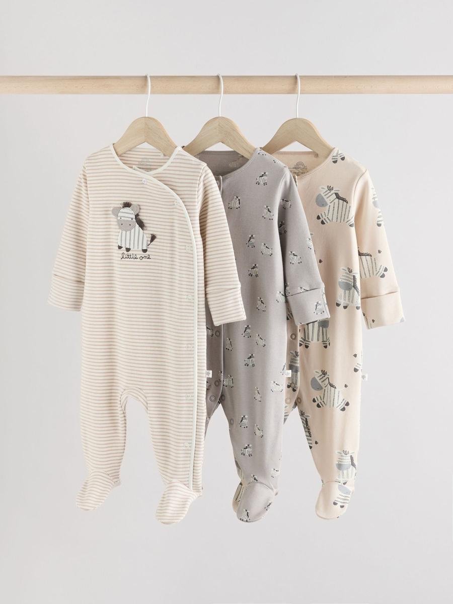Grey 3 Pack Zebra 100% Cotton Baby Sleepsuits
