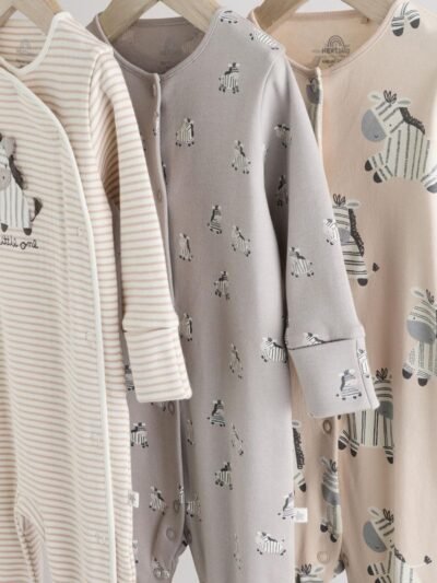 Grey 3 Pack Zebra 100% Cotton Baby Sleepsuits