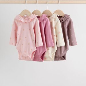 Pink/ Cream/ Brown Ditsy Baby Long Sleeve Frill Bodysuits 4 Pack