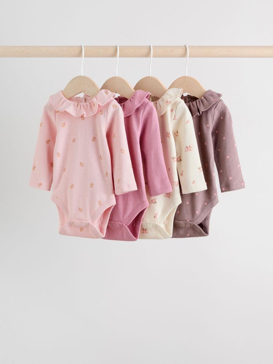 Pink/ Cream/ Brown Ditsy Baby Long Sleeve Frill Bodysuits 4 Pack