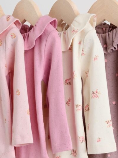 Pink/ Cream/ Brown Ditsy Baby Long Sleeve Frill Bodysuits 4 Pack