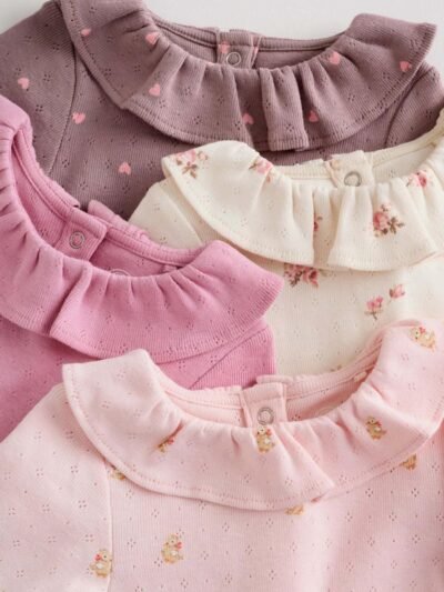 Pink/ Cream/ Brown Ditsy Baby Long Sleeve Frill Bodysuits 4 Pack
