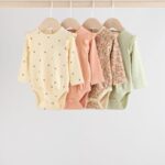 Blue/Cream/Coral Ditsy Baby Long Sleeve Frill Bodysuits 4 Pack