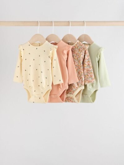 Blue/Cream/Coral Ditsy Baby Long Sleeve Frill Bodysuits 4 Pack