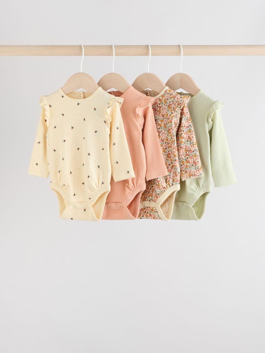 Blue/Cream/Coral Ditsy Baby Long Sleeve Frill Bodysuits 4 Pack