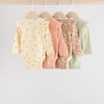 Blue/Cream/Coral Ditsy Baby Long Sleeve Frill Bodysuits 4 Pack