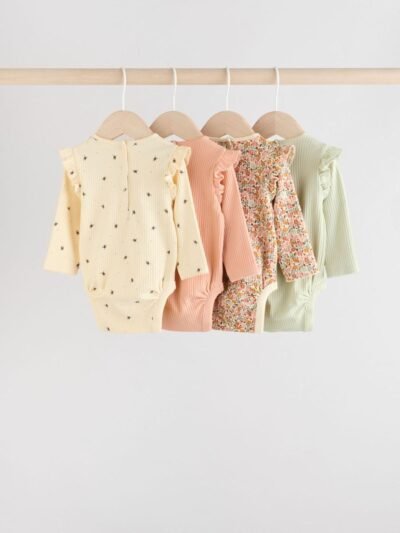 Blue/Cream/Coral Ditsy Baby Long Sleeve Frill Bodysuits 4 Pack