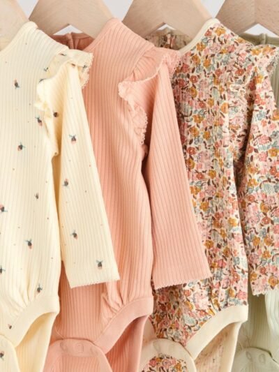 Blue/Cream/Coral Ditsy Baby Long Sleeve Frill Bodysuits 4 Pack