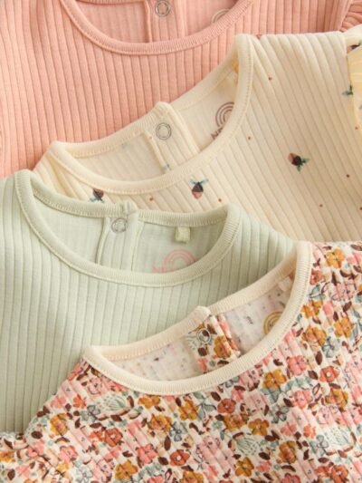 Blue/Cream/Coral Ditsy Baby Long Sleeve Frill Bodysuits 4 Pack