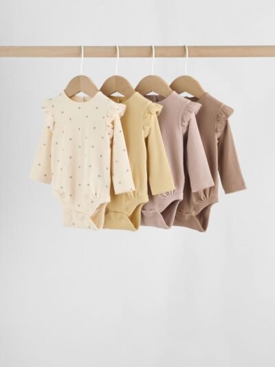 Purple/Yellow/Cream Ditsy Baby Long Sleeve Frill Bodysuits 4 Pack