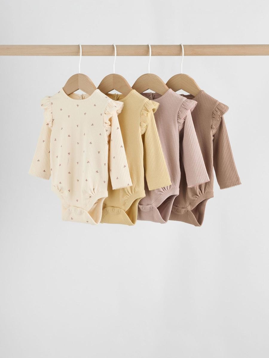 Purple/Yellow/Cream Ditsy Baby Long Sleeve Frill Bodysuits 4 Pack