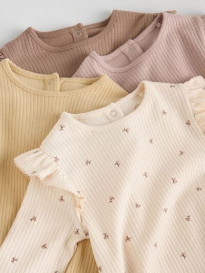 Purple/Yellow/Cream Ditsy Baby Long Sleeve Frill Bodysuits 4 Pack