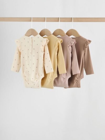 Purple/Yellow/Cream Ditsy Baby Long Sleeve Frill Bodysuits 4 Pack