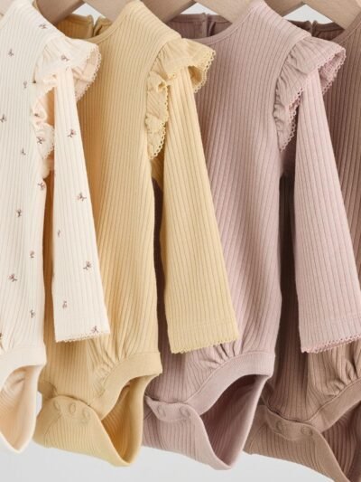 Purple/Yellow/Cream Ditsy Baby Long Sleeve Frill Bodysuits 4 Pack