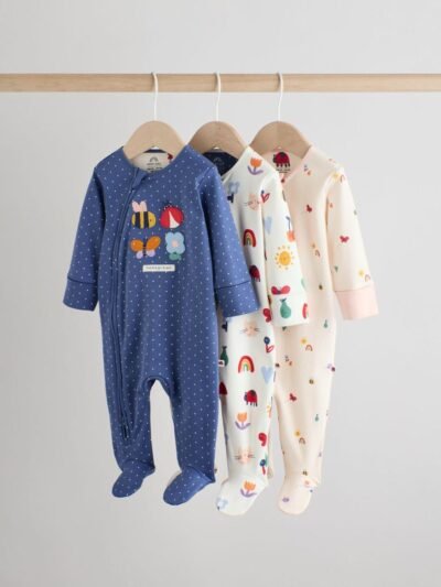 Navy Two Way Zip Baby Sleepsuits 3 Pack