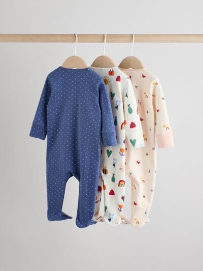 Navy Two Way Zip Baby Sleepsuits 3 Pack