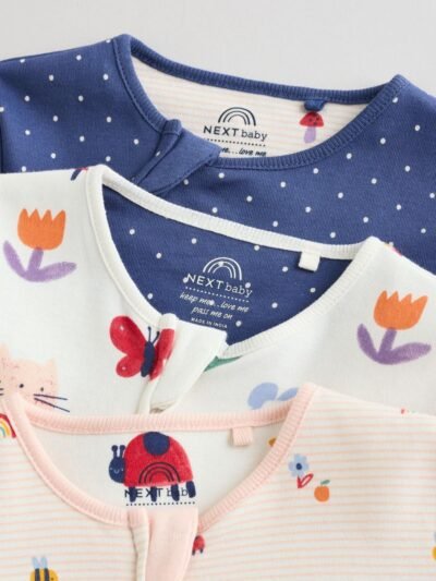 Navy Two Way Zip Baby Sleepsuits 3 Pack