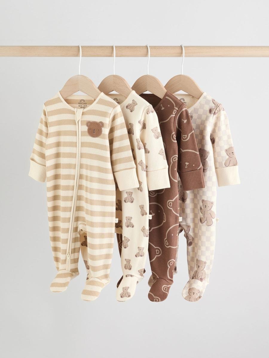 Brown Bear Print Two Way Zip Baby Sleepsuits 4 Pack