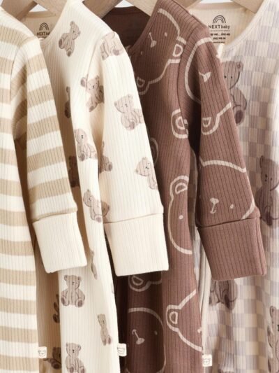 Brown Bear Print Two Way Zip Baby Sleepsuits 4 Pack