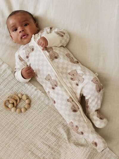 Brown Bear Print Two Way Zip Baby Sleepsuits 4 Pack
