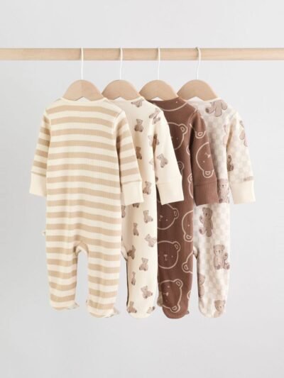 Brown Bear Print Two Way Zip Baby Sleepsuits 4 Pack