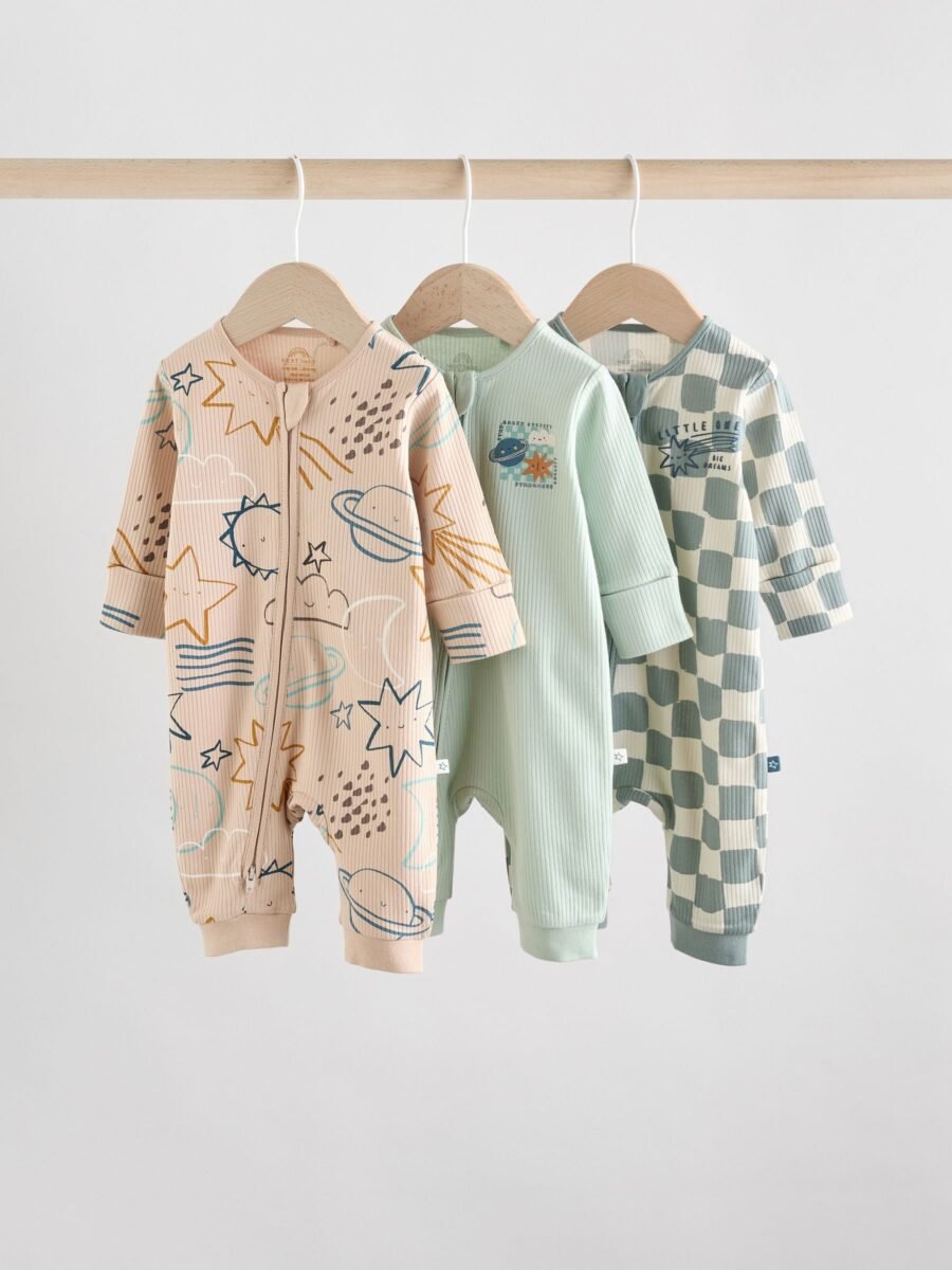 Light Blue 3 pack Baby Two Way Zip Footless Cotton Sleepsuits