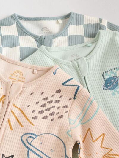 Light Blue 3 pack Baby Two Way Zip Footless Cotton Sleepsuits