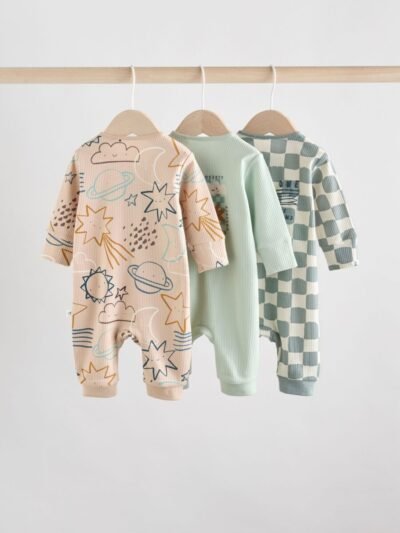 Light Blue 3 pack Baby Two Way Zip Footless Cotton Sleepsuits