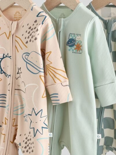 Light Blue 3 pack Baby Two Way Zip Footless Cotton Sleepsuits