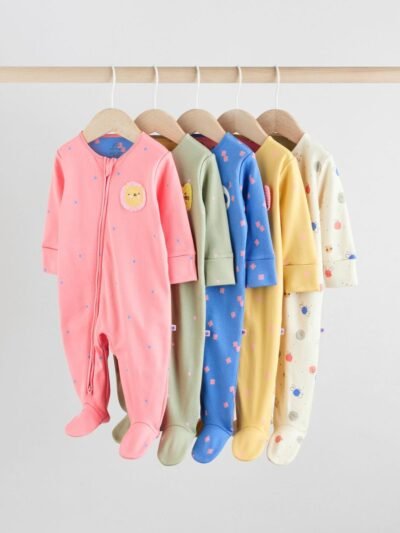 Pink/Blue 5 Pack Two Way Zip Baby Sleepsuits