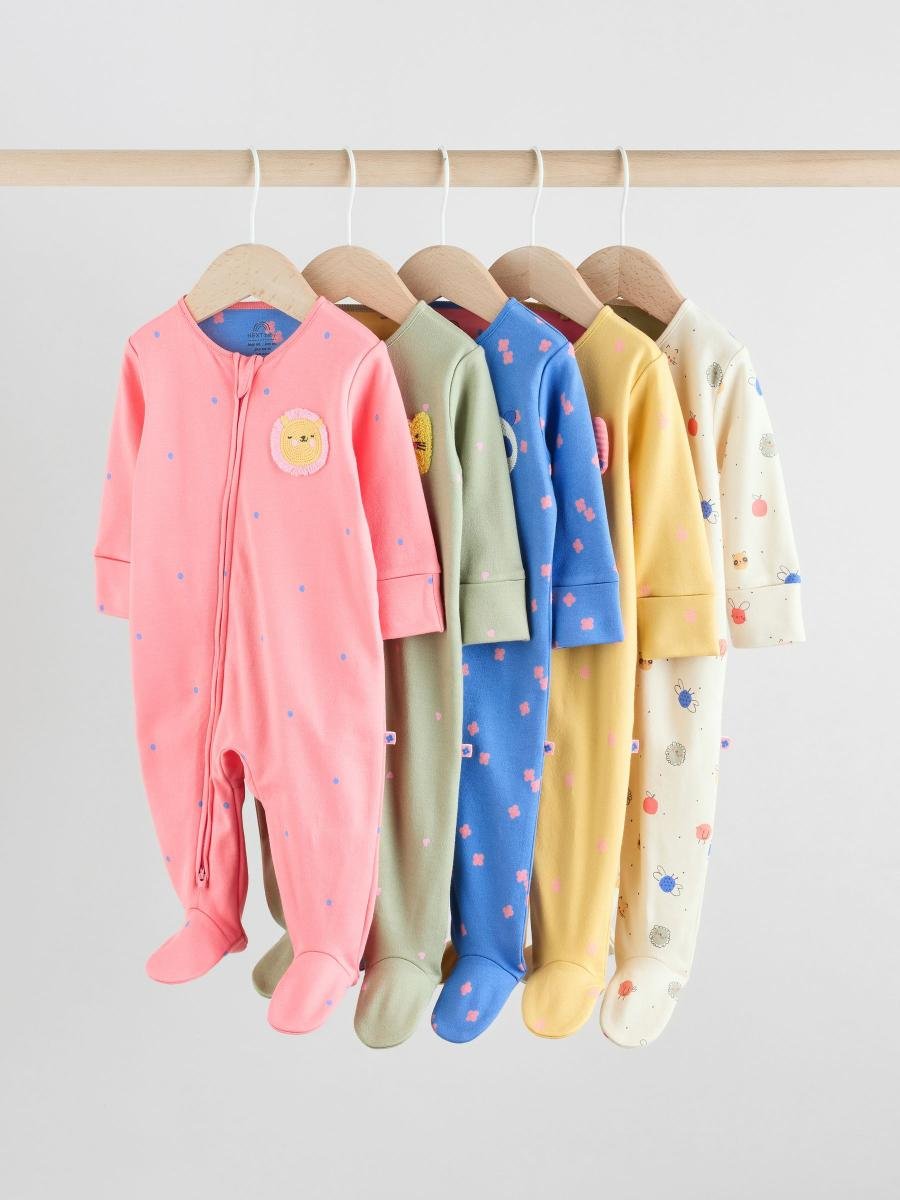 Pink/Blue 5 Pack Two Way Zip Baby Sleepsuits