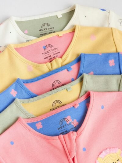 Pink/Blue 5 Pack Two Way Zip Baby Sleepsuits