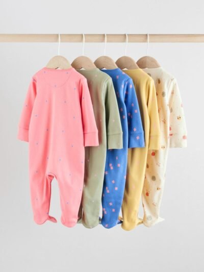 Pink/Blue 5 Pack Two Way Zip Baby Sleepsuits