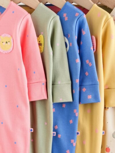 Pink/Blue 5 Pack Two Way Zip Baby Sleepsuits