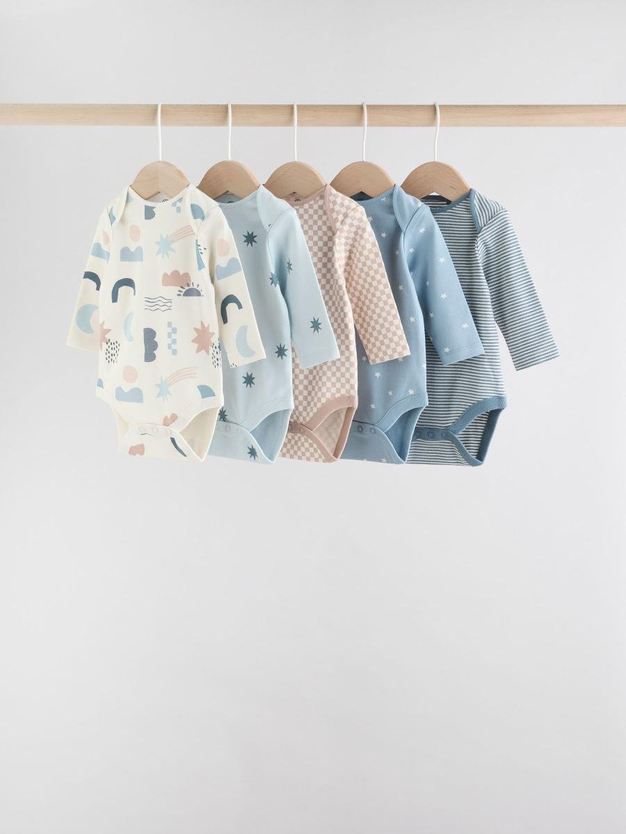 Blue Baby Long Sleeve Bodysuits 5 Pack