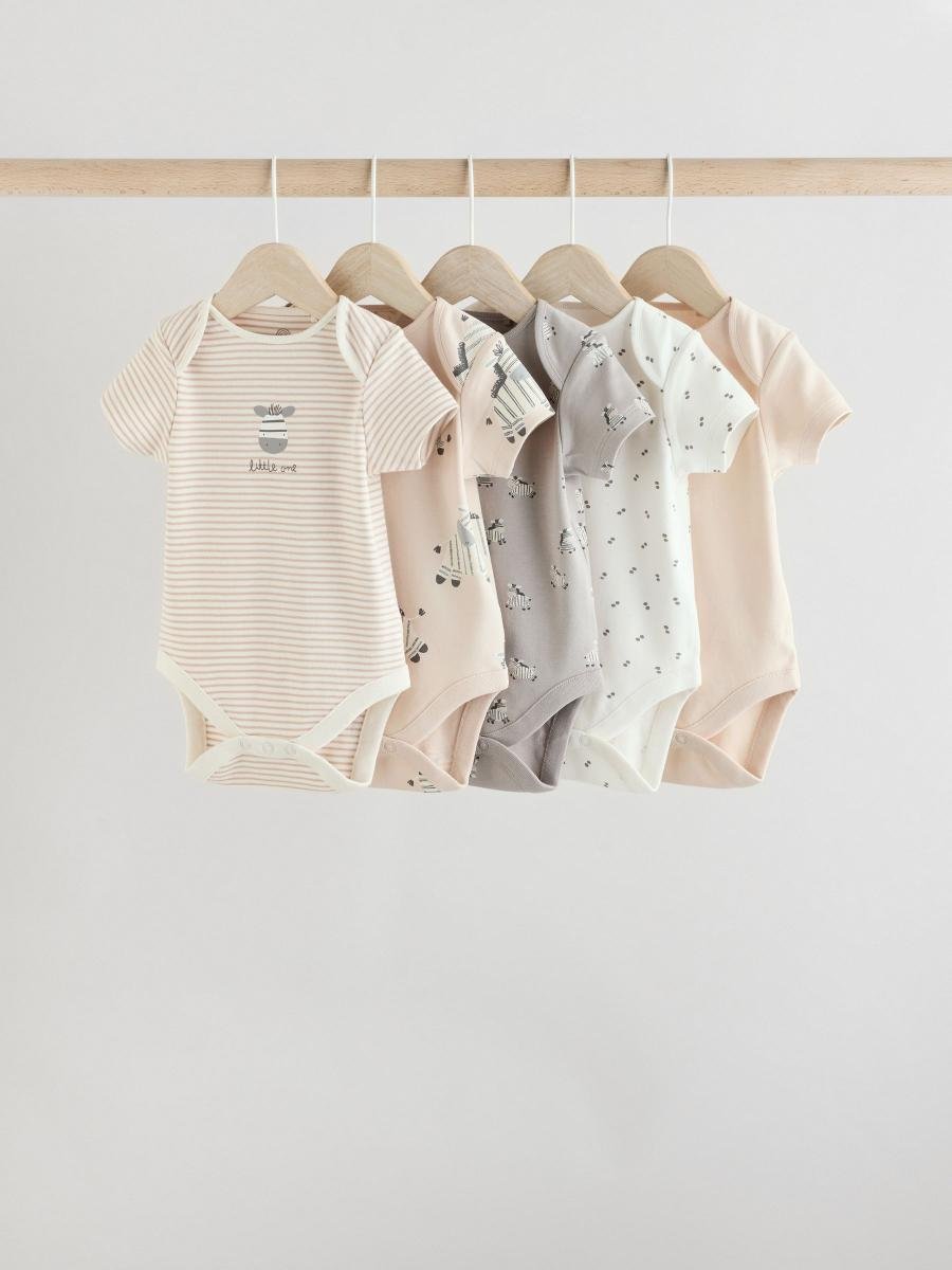 Grey Zebra Baby Short Sleeve Bodysuits 100% Cotton 5 Pack