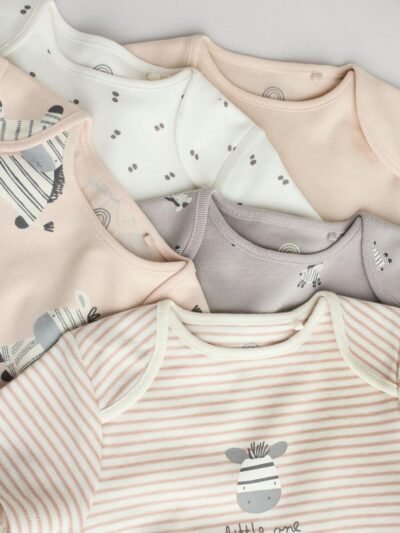 Grey Zebra Baby Short Sleeve Bodysuits 100% Cotton 5 Pack