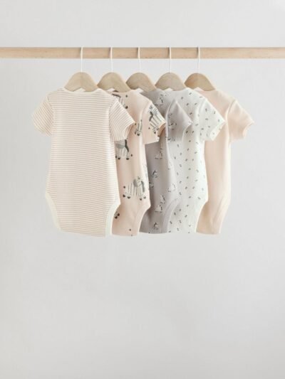 Grey Zebra Baby Short Sleeve Bodysuits 100% Cotton 5 Pack